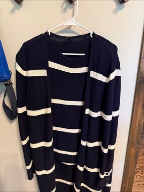 Talbots Petite Navy and White Striped Open-Front Cardigan and shell